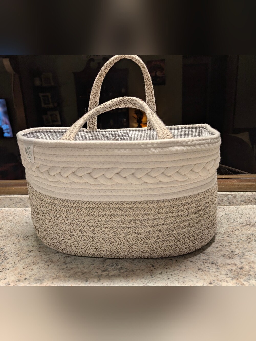 Cotton Rope Woven Two-Tone Cream Baby Diaper Caddy Tote Bag